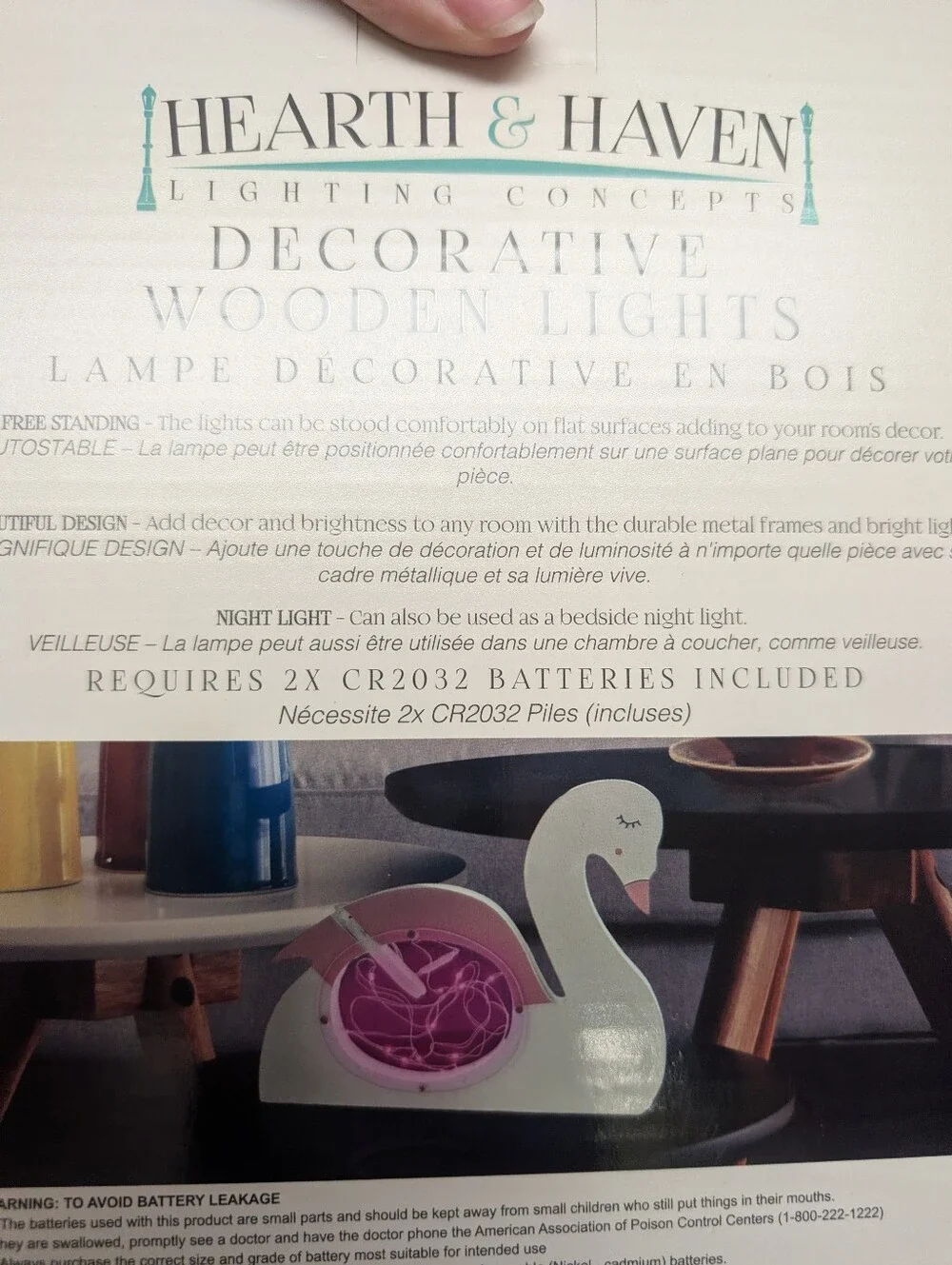 NIB White And Pink Swan Decorative Wooden Light